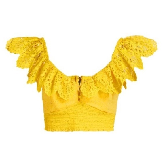NWT! Alice + Olivia Bleeker Ruffled Lace Crop Top Sunbeam Yellow Smocked🌼 XS - Picture 6 of 16